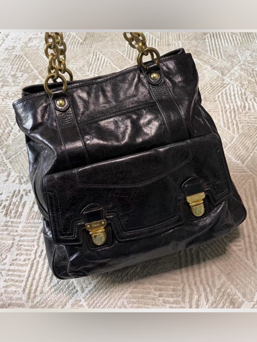 Black Leather Chain-Handle Tote Bag with Gold Hardware
